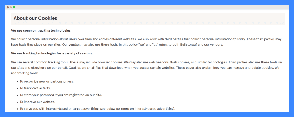 Bulletproof's cookie policy on a white background.